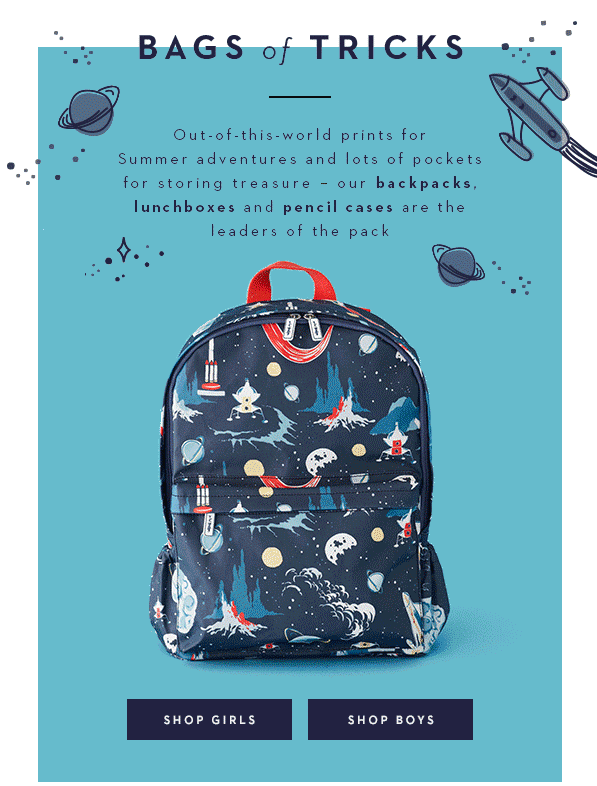 Boden animated GIF email featuring a rotating backpack and animated product details for a lunchbox and pencil case.