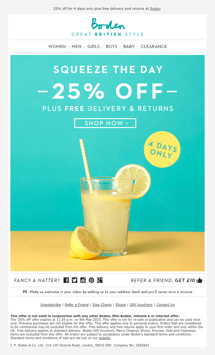 Animated GIF email example from Boden featuring an animated lemonade illustration promoting a seasonal sale.