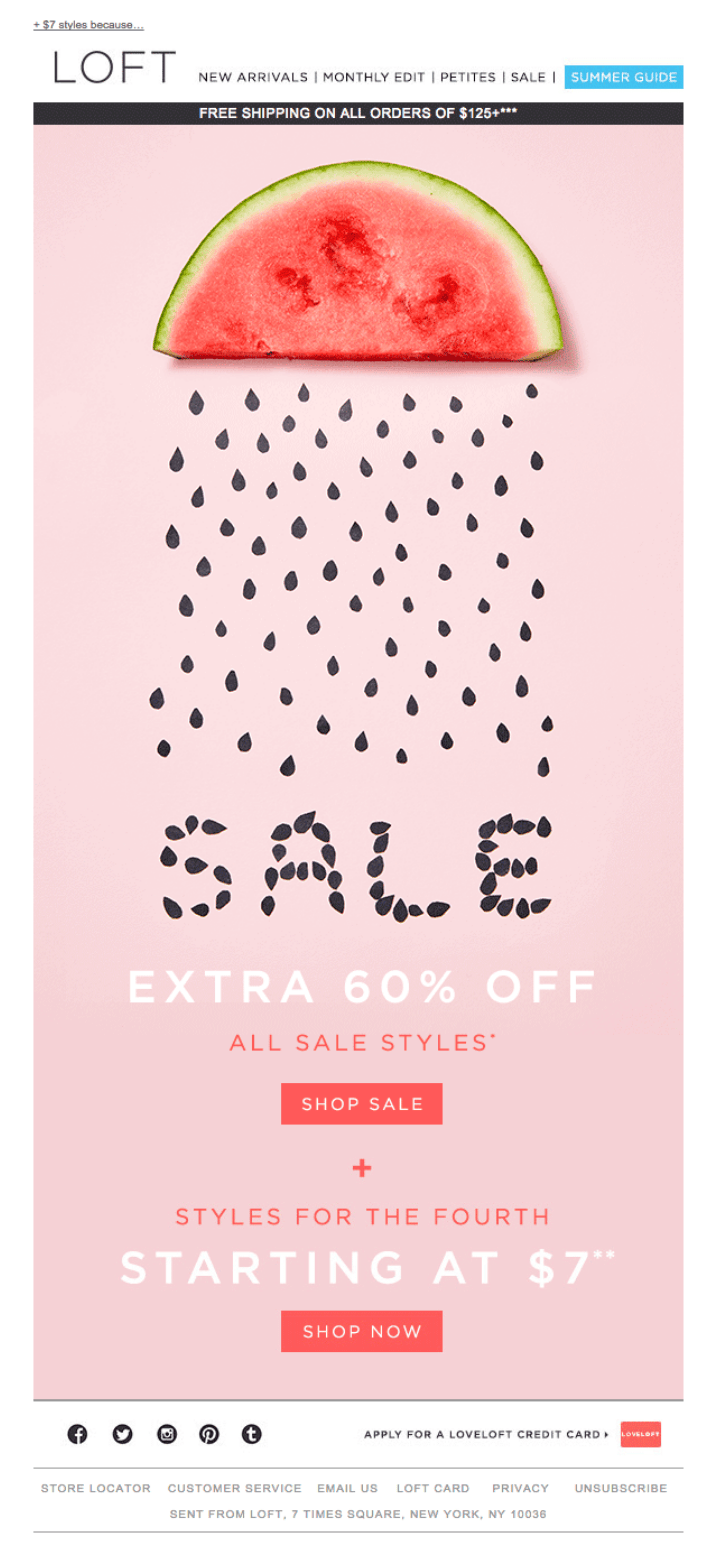 LOFT animated GIF email featuring a watermelon slice with falling raindrops to promote a summer sale.