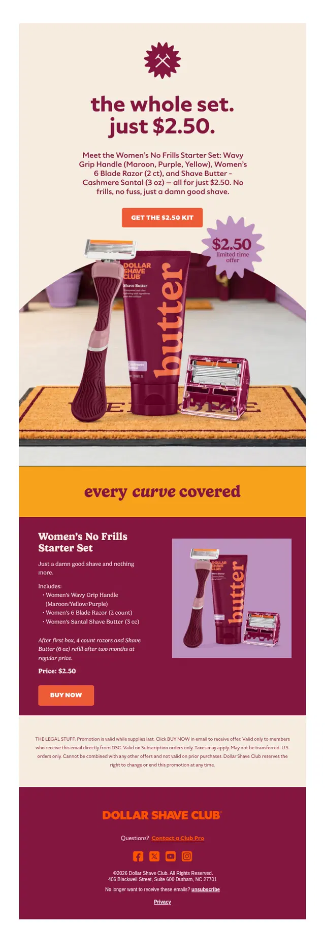 Dollar Shave Club limited-time email offering a complete starter set for $2.50