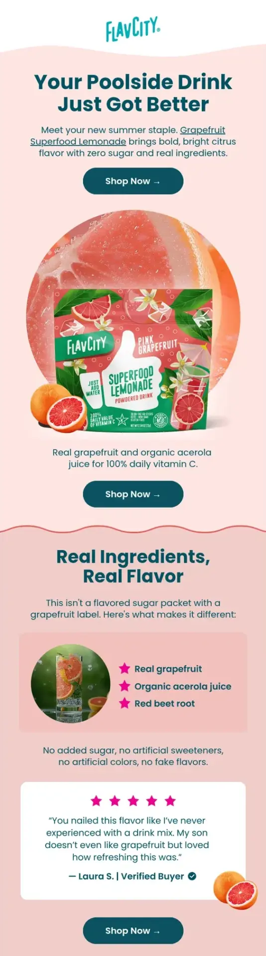 FlavCity Grapefruit Superfood Lemonade launch email with product photography, benefits, and customer review
