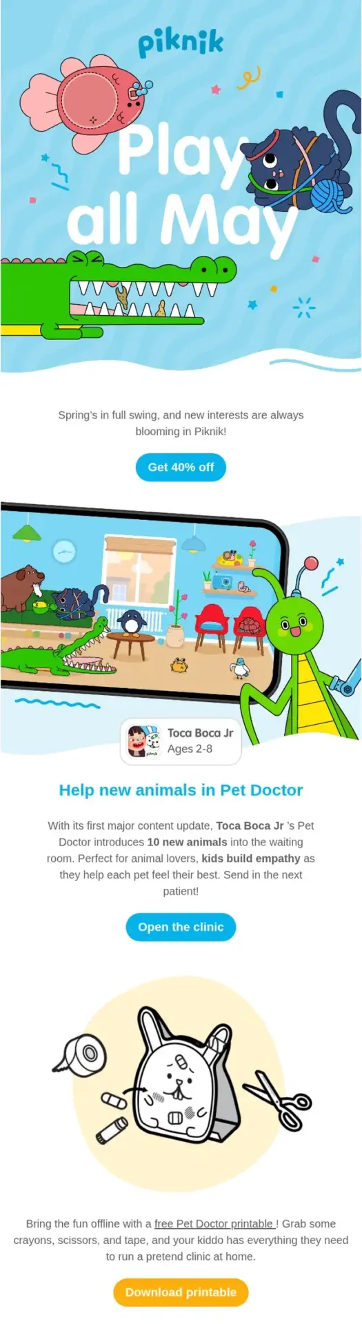 Piknik Play All May email with colorful cartoon illustrations, kids activities, and 40% off offer