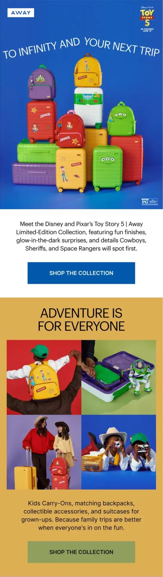 Away Toy Story 5 collaboration email featuring colorful luggage, backpacks, and family travel products