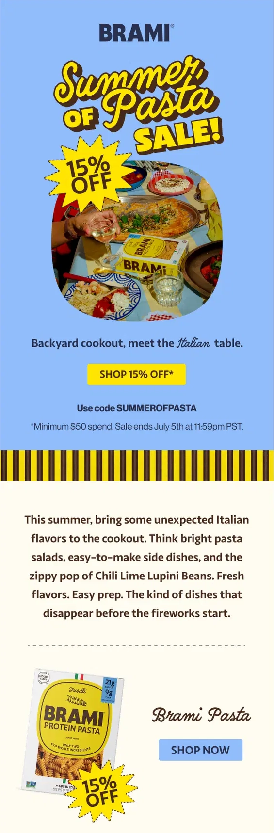 Brami Summer of Pasta sale email with colorful product photography, recipes, and 15% off