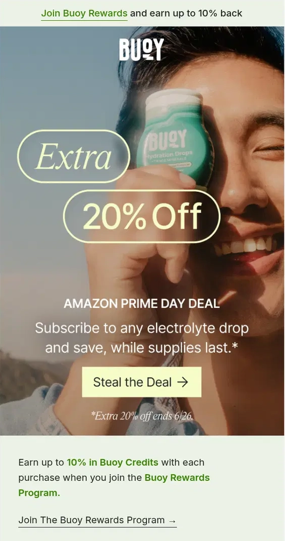 Buoy Prime Day email promoting extra 20% off electrolyte drops with lifestyle photography