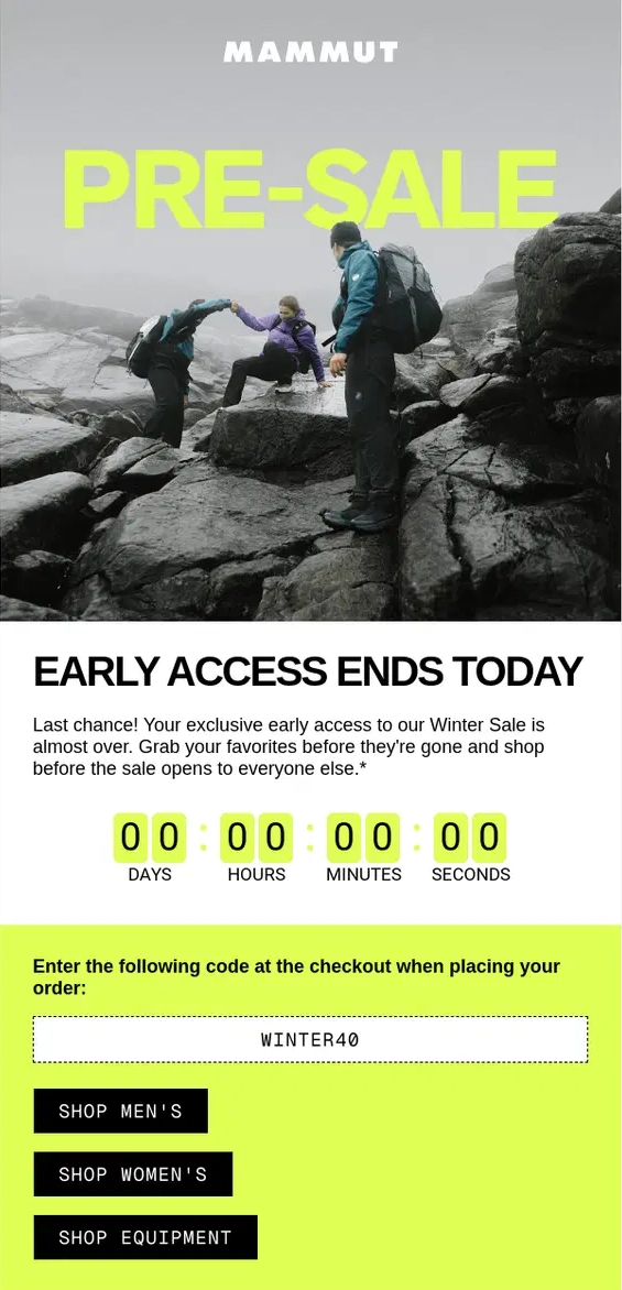 Mammut Winter Sale early-access email with 40% off offer, countdown timer, and promo code