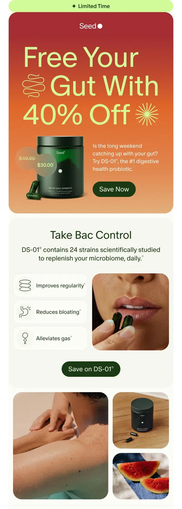 Seed DS-01 sale email with bold gradient design, product image, and 40% off offer