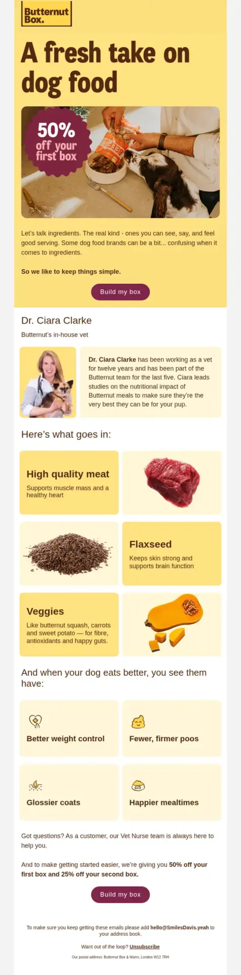 Butternut Box welcome email with 50% offer, fresh dog food benefits, ingredients, and veterinary expertise