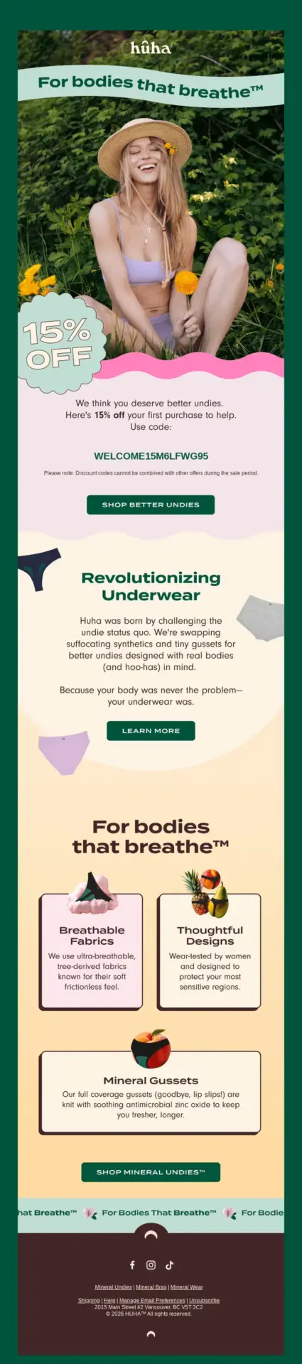 Huha welcome email with 15% offer and sections explaining fabrics, construction, and mineral gusset technology