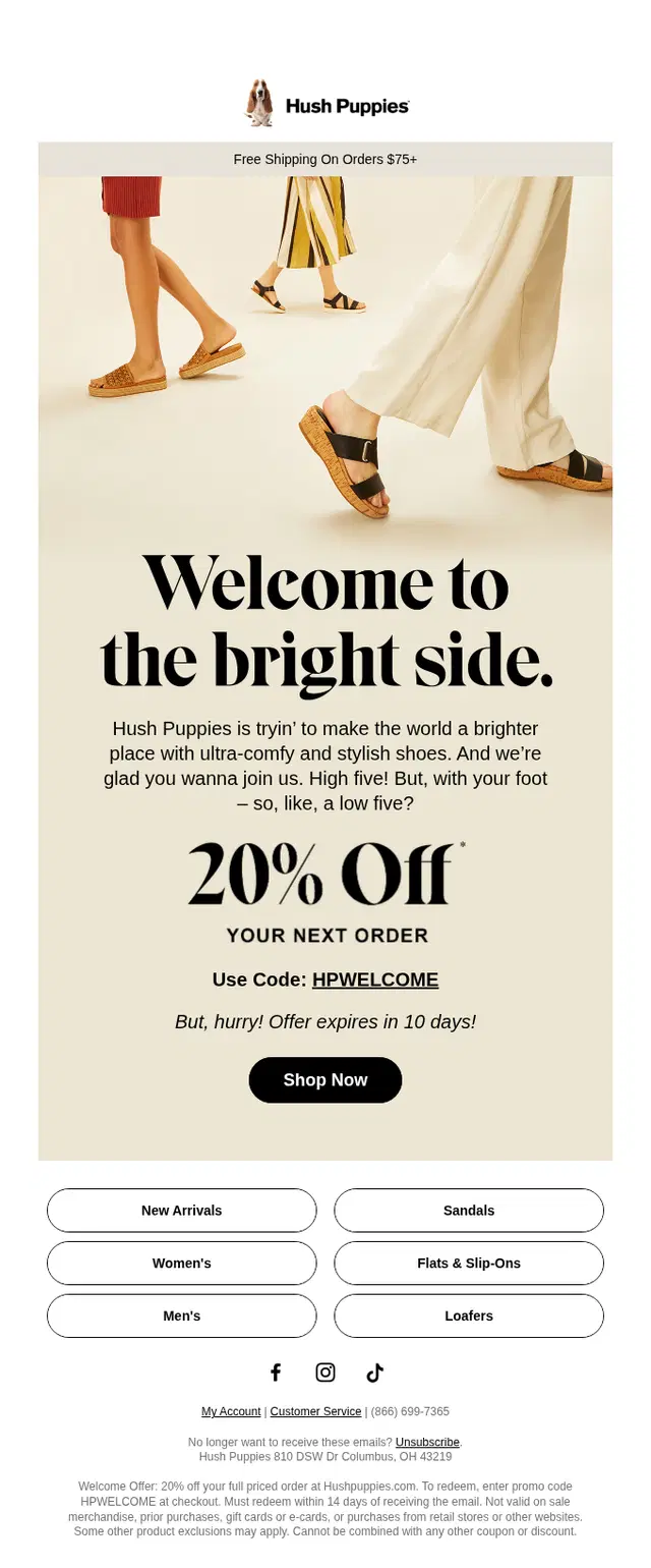 Hush Puppies welcome email with 20% discount, promo code, lifestyle image, and Shop Now CTA