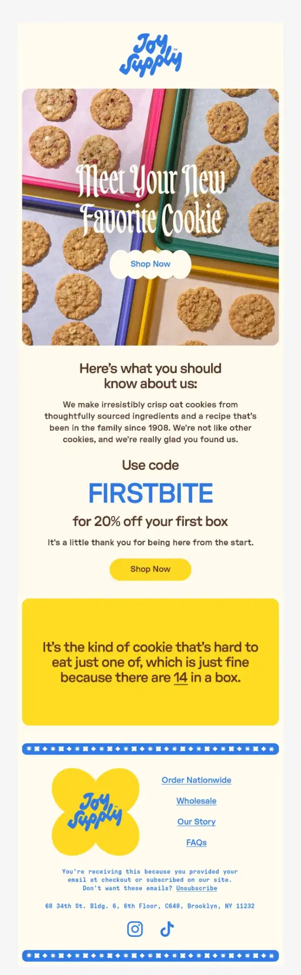 Joy Supply welcome email with 20% discount, colorful product photography, and playful typography