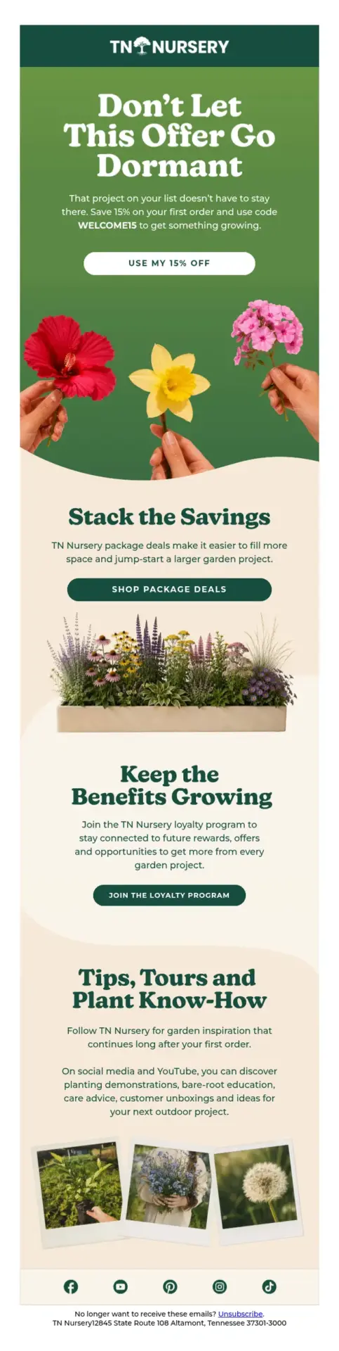 TN Nursery welcome email with 15% first-order discount, package deals, loyalty program, and gardening content