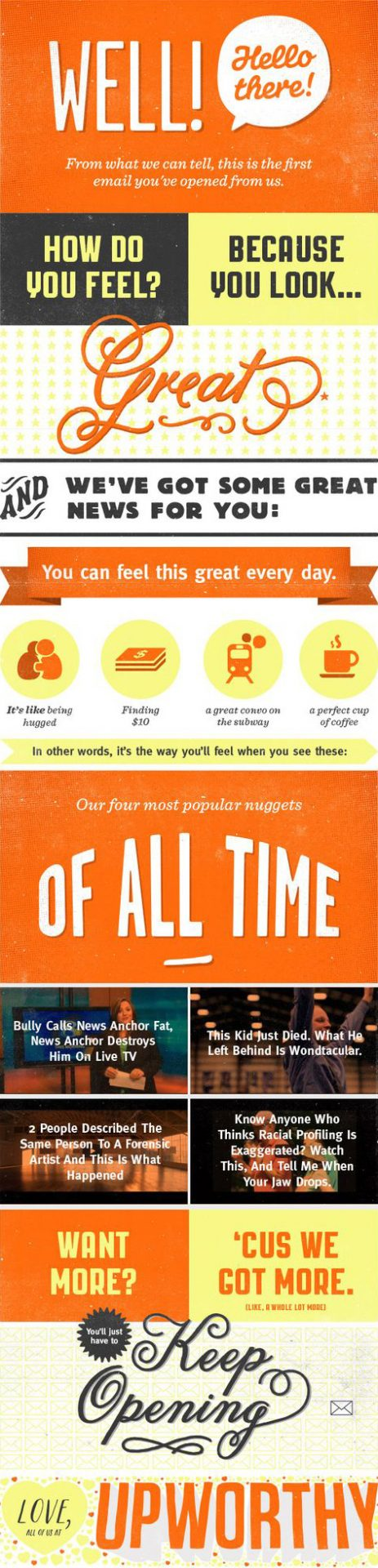 Upworthy welcome email with retro typography, popular story recommendations, and Keep Opening message