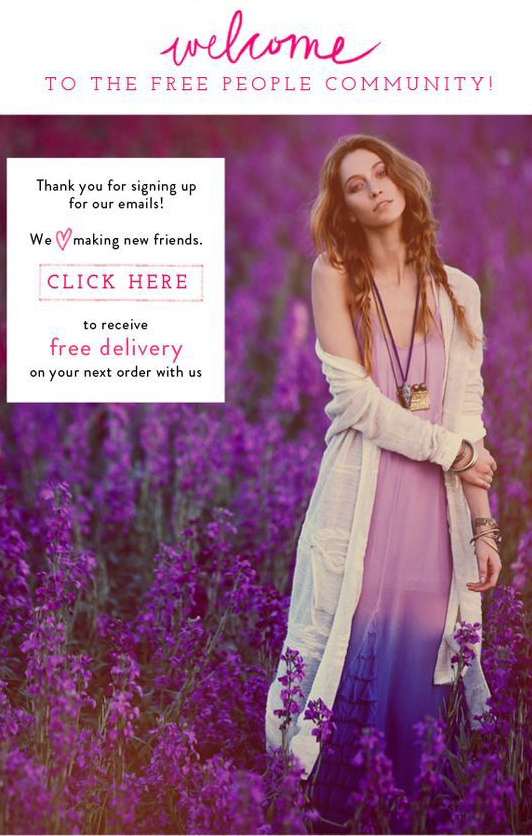 Free People welcome email with community message, free delivery offer, and bohemian lifestyle photography