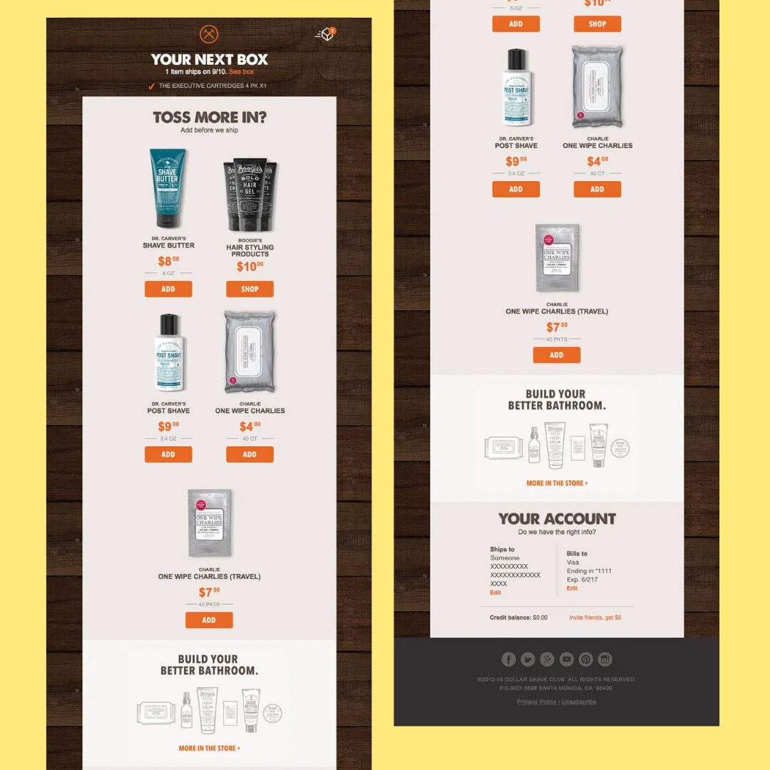 Dollar Shave Club subscription upsell email featuring one-click add-on products before an upcoming shipment