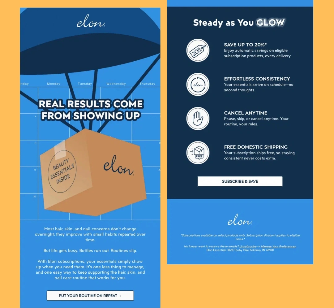 Elon Essentials subscription email campaign focused on routine consistency and automatic product replenishment