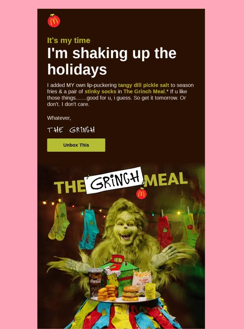 McDonald's Grinch Meal holiday email campaign featuring character-driven copy and branded storytelling