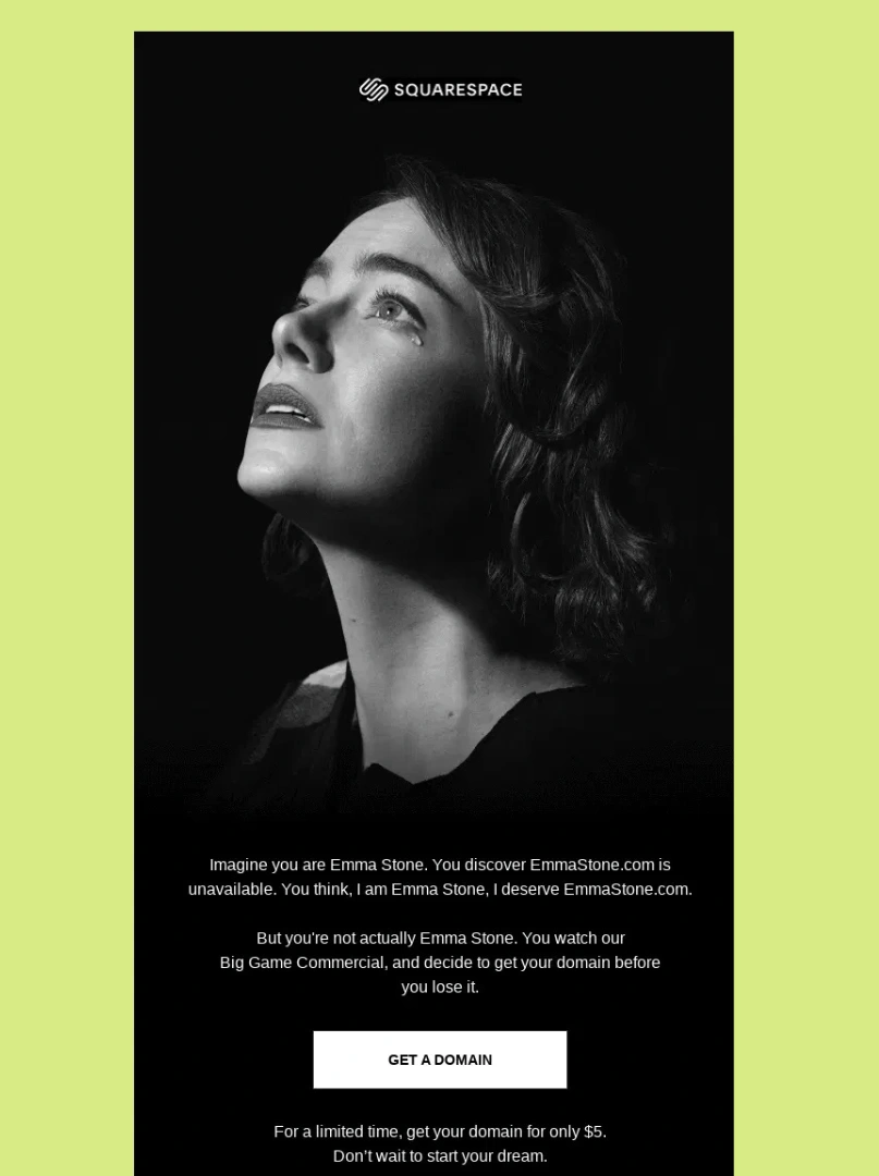Squarespace email campaign featuring Emma Stone and a domain registration promotion tied to a Super Bowl commercial