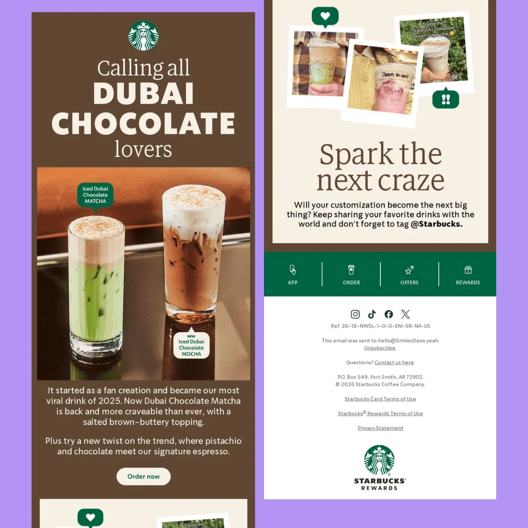 Starbucks email campaign promoting its viral Dubai Chocolate drinks inspired by a popular customer-driven trend