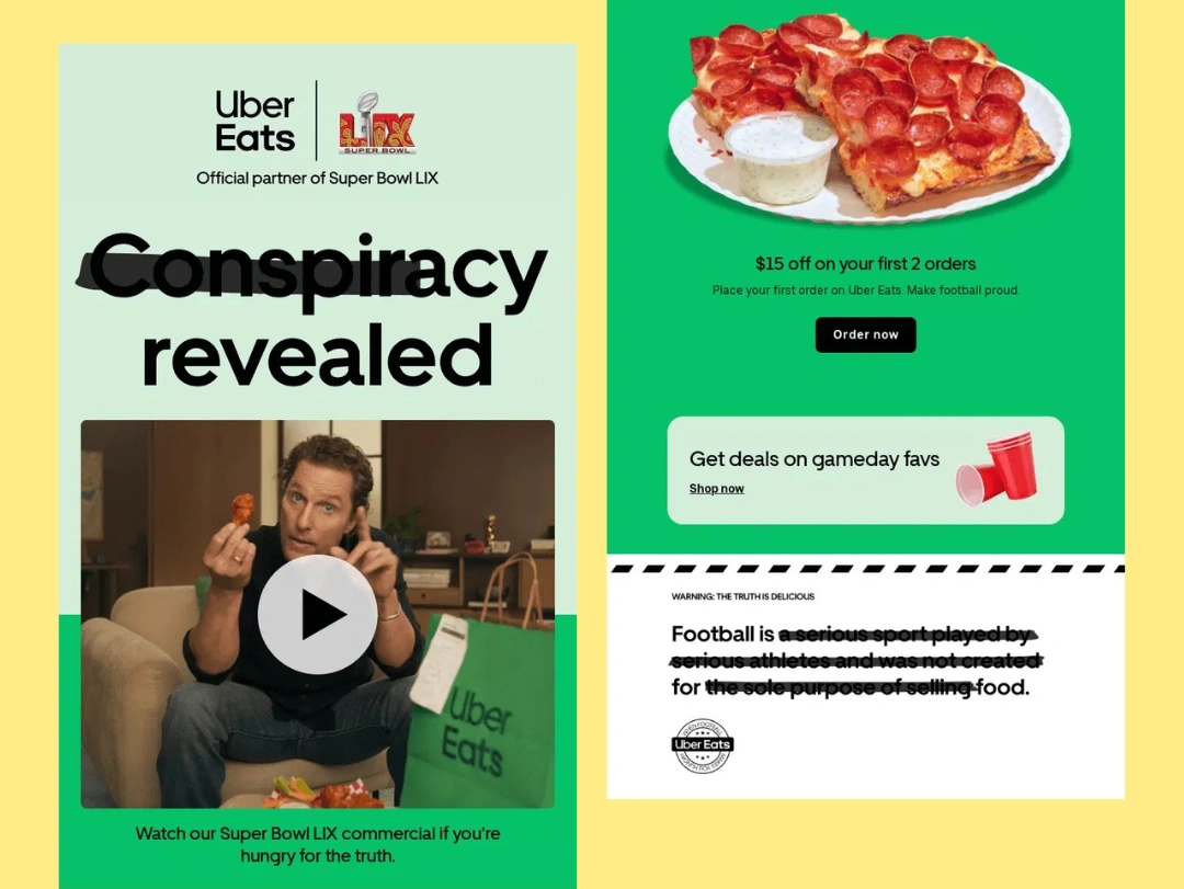 Uber Eats Super Bowl email campaign featuring Matthew McConaughey and a conspiracy-themed promotional video
