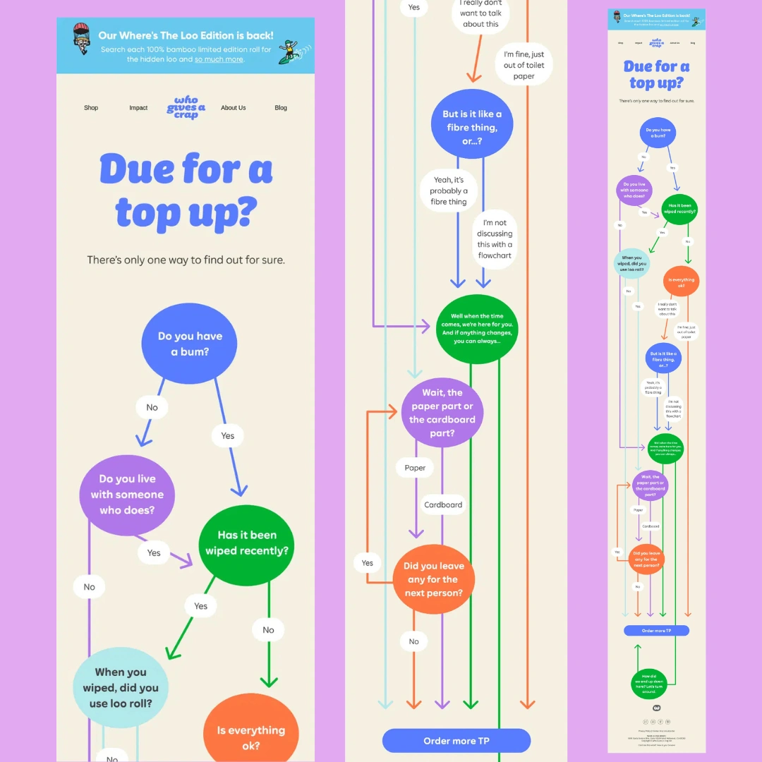 Who Gives A Crap interactive flowchart email campaign guiding subscribers through a humorous decision tree before prompting a toilet paper reorder