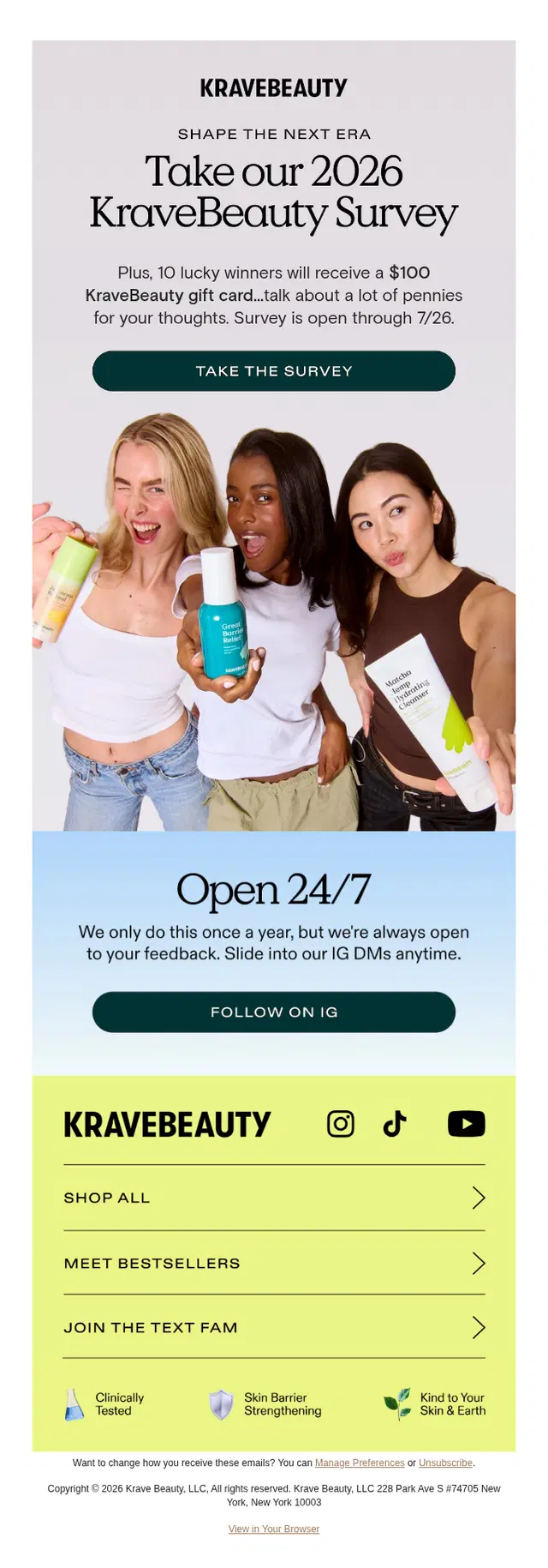 KraveBeauty survey invitation email offering ten $100 gift cards