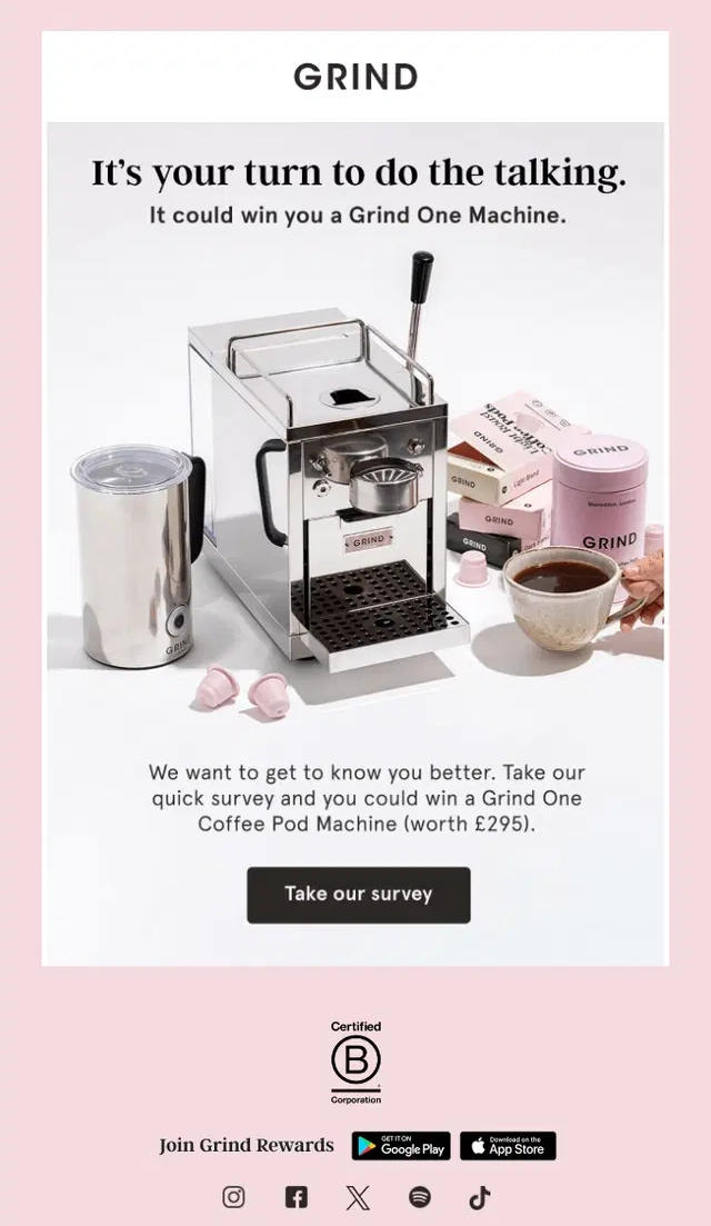 Grind survey invitation email with a coffee machine giveaway