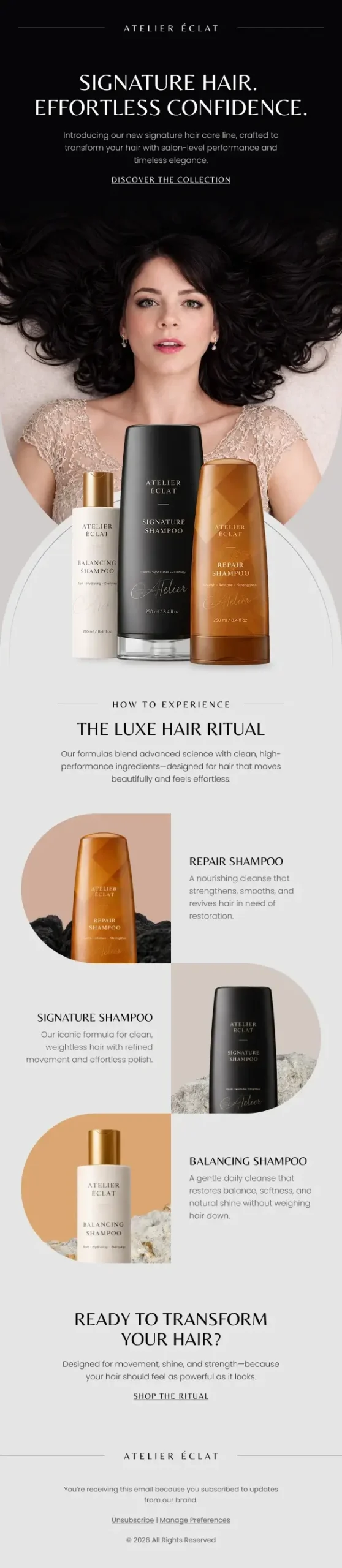 Product spotlight email design for a beauty brand, combining a hero product with supporting content sections to guide the user through features and benefits