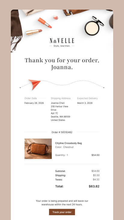 Transactional email with clearly structured order details and visible “Track order” call-to-action