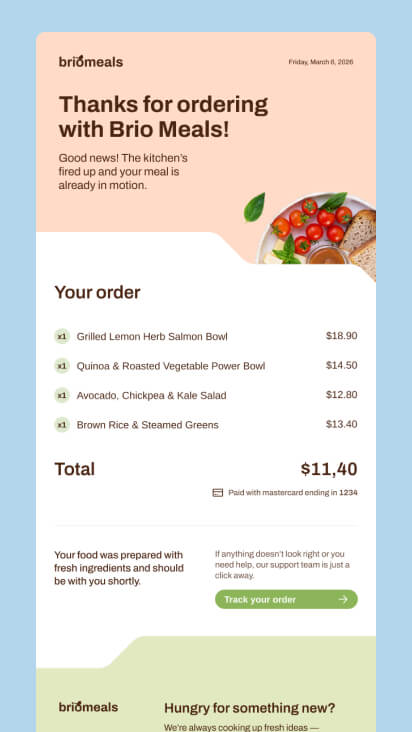 Order summary email with clear typography and layout optimized for quick reading and accessibility