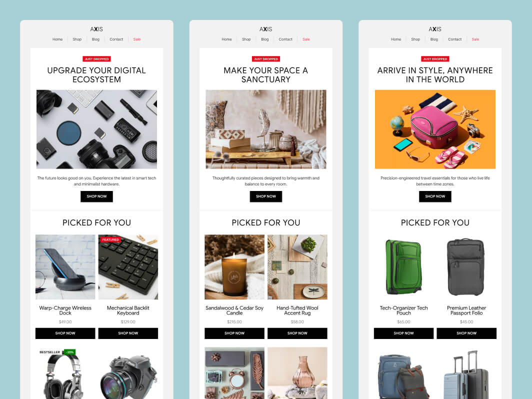 Email layout adapting product categories and messaging based on user preferences while keeping structure consistent