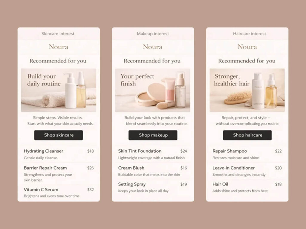 Personalized email showing different product recommendations within the same layout based on user behavior