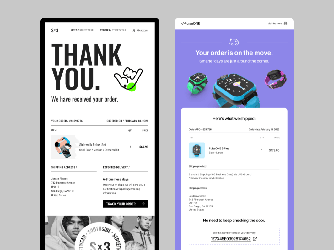 Email design comparison in light and dark mode with adjusted colors to preserve contrast and readability