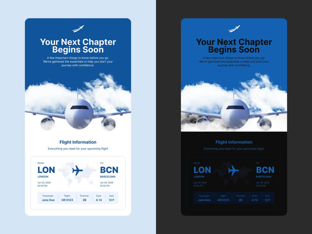 Email design comparison showing poor dark mode adaptation affecting contrast and readability