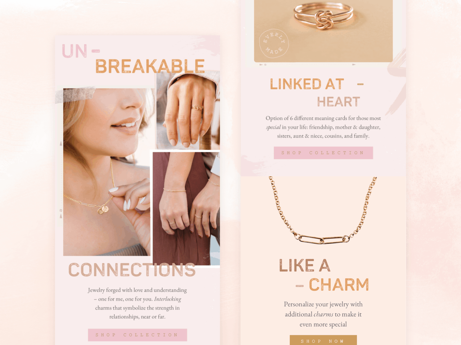 email section with charms appearing sequentially around a product and CTA below