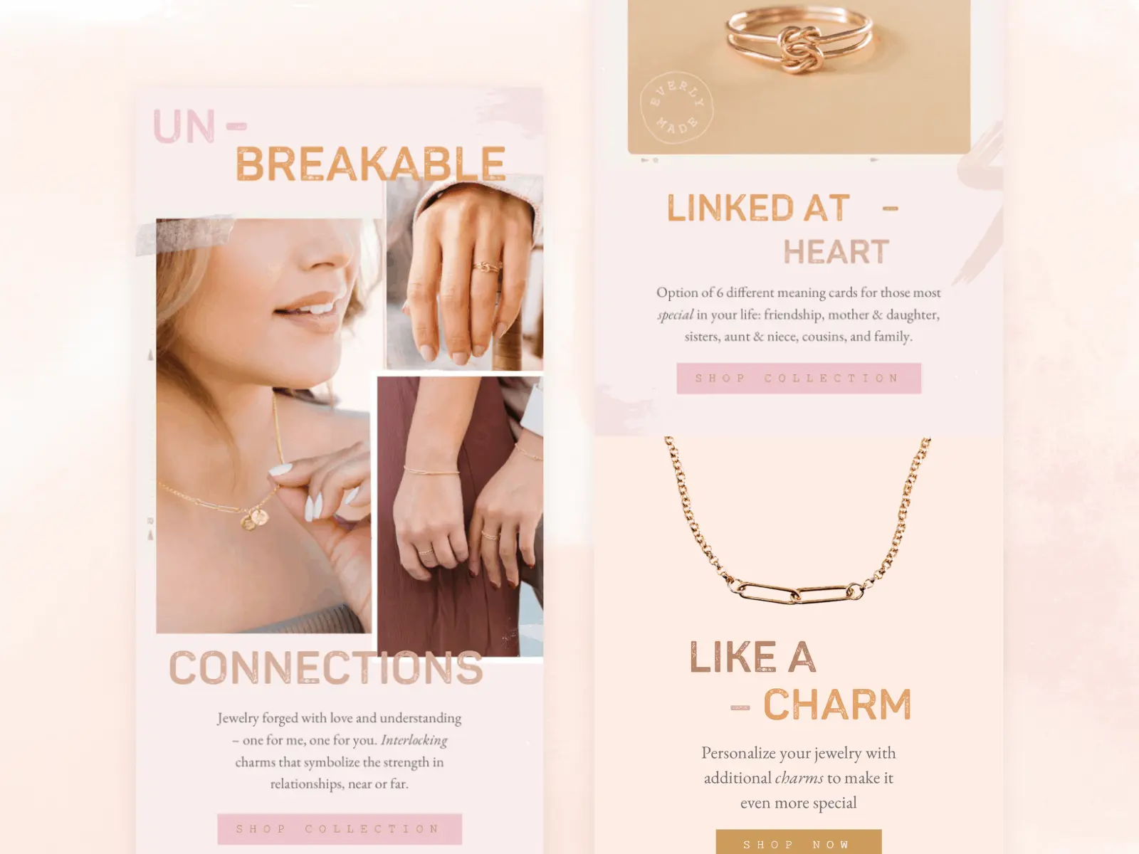 email section with charms appearing sequentially around a product and CTA below