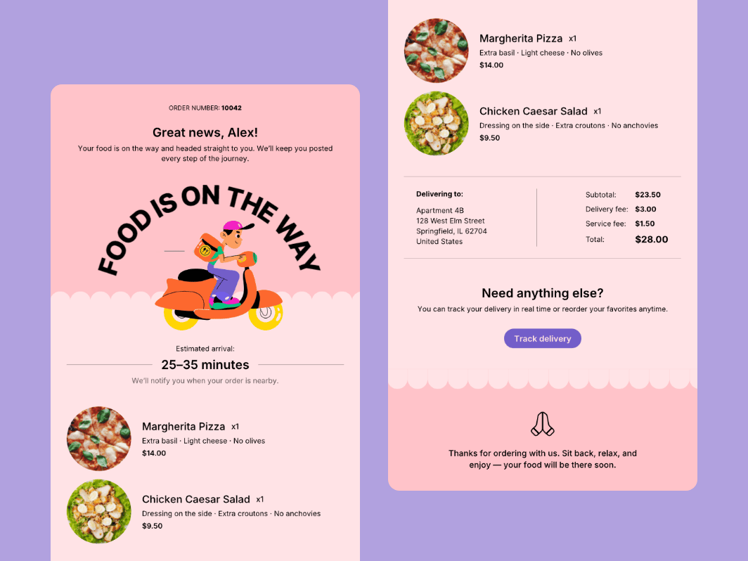 Transactional email showing order status and next steps with a layout optimized for quick scanning