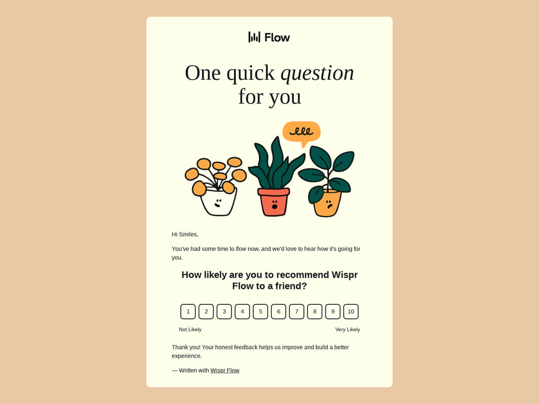 Simple interactive email with rating scale allowing users to respond with a single tap