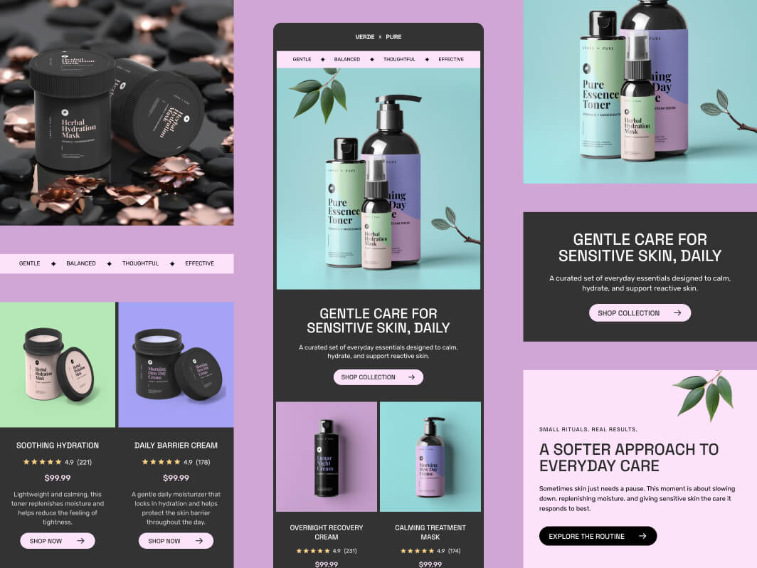 Email layout with modular product blocks arranged in different combinations while maintaining consistent structure