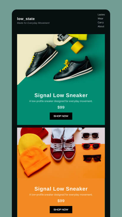 Product email with repeated content blocks allowing items to be reordered without changing the layout