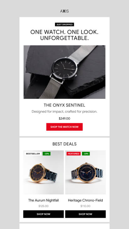 Product-focused email with structured layout supporting multiple items within a consistent design system