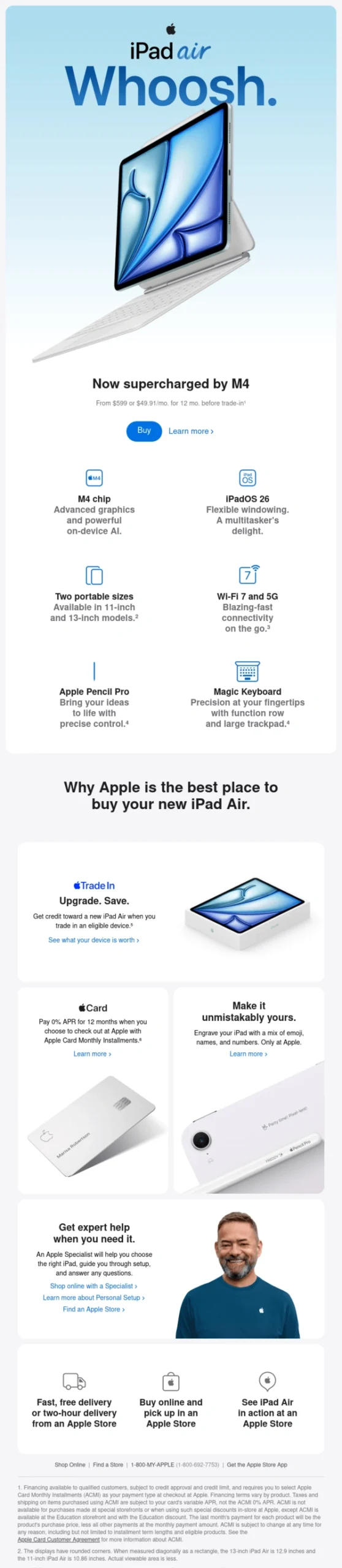 Product spotlight email design for Apple iPad Air featuring a strong hero image, clear headline, and primary call-to-action followed by supporting product features