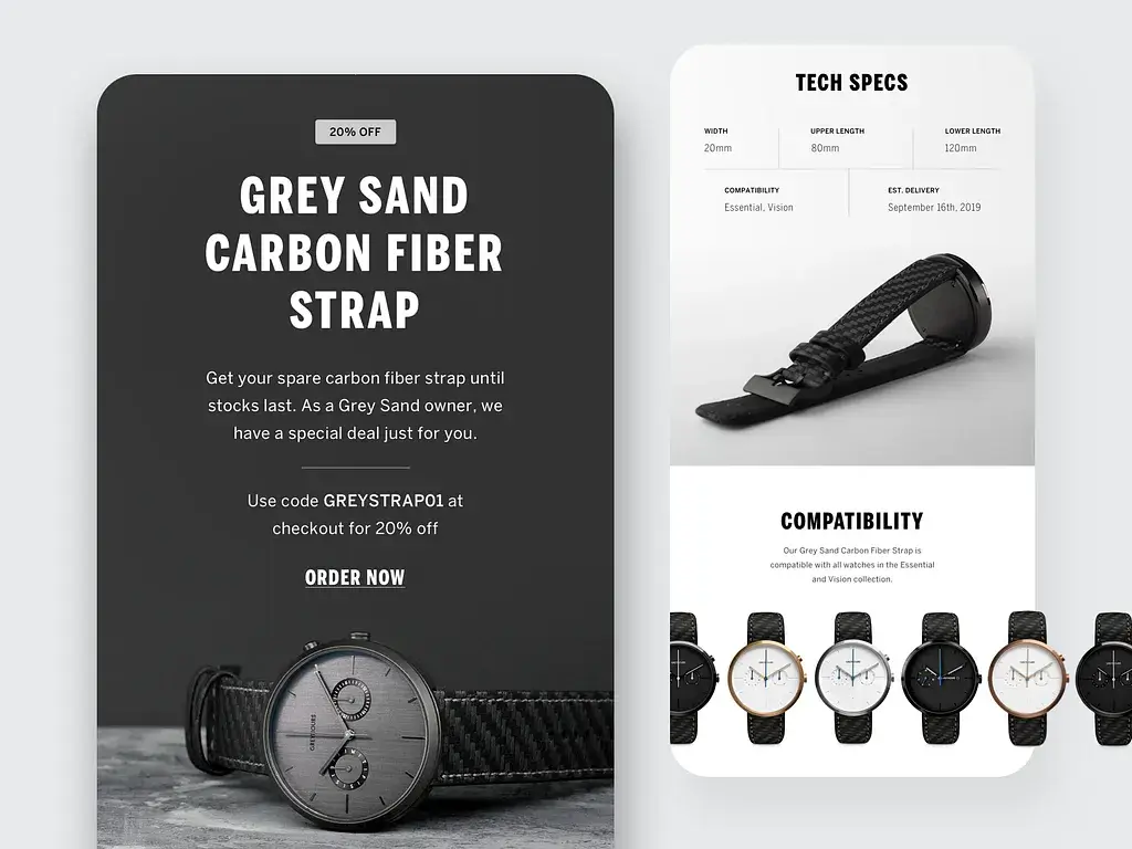 Product spotlight email design featuring a watch with carbon fiber strap, including a promotional headline, discount code, and supporting product details