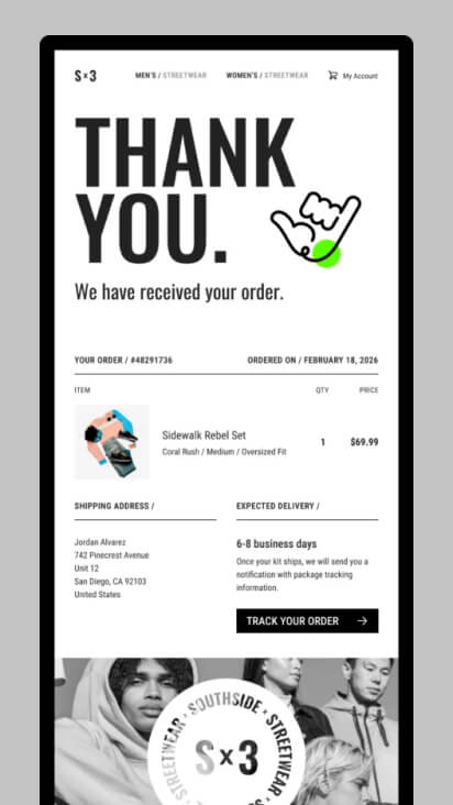 Transactional email with oversized headline dominating the layout and supporting details below