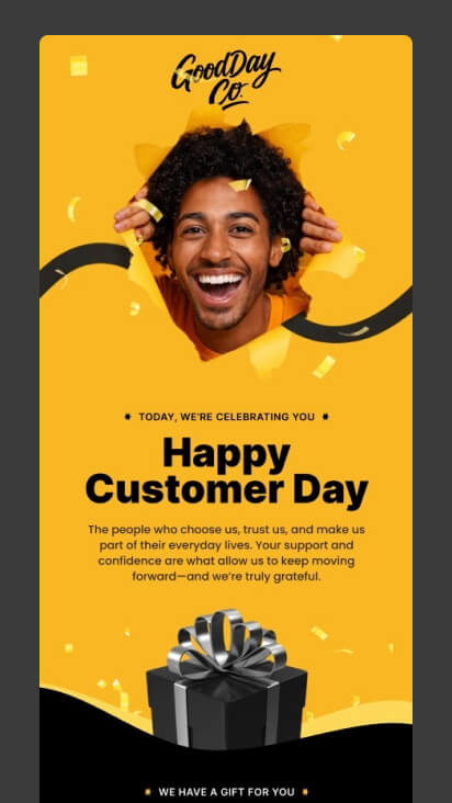 Promotional email centered around a single celebration message with CTA placed directly underneath