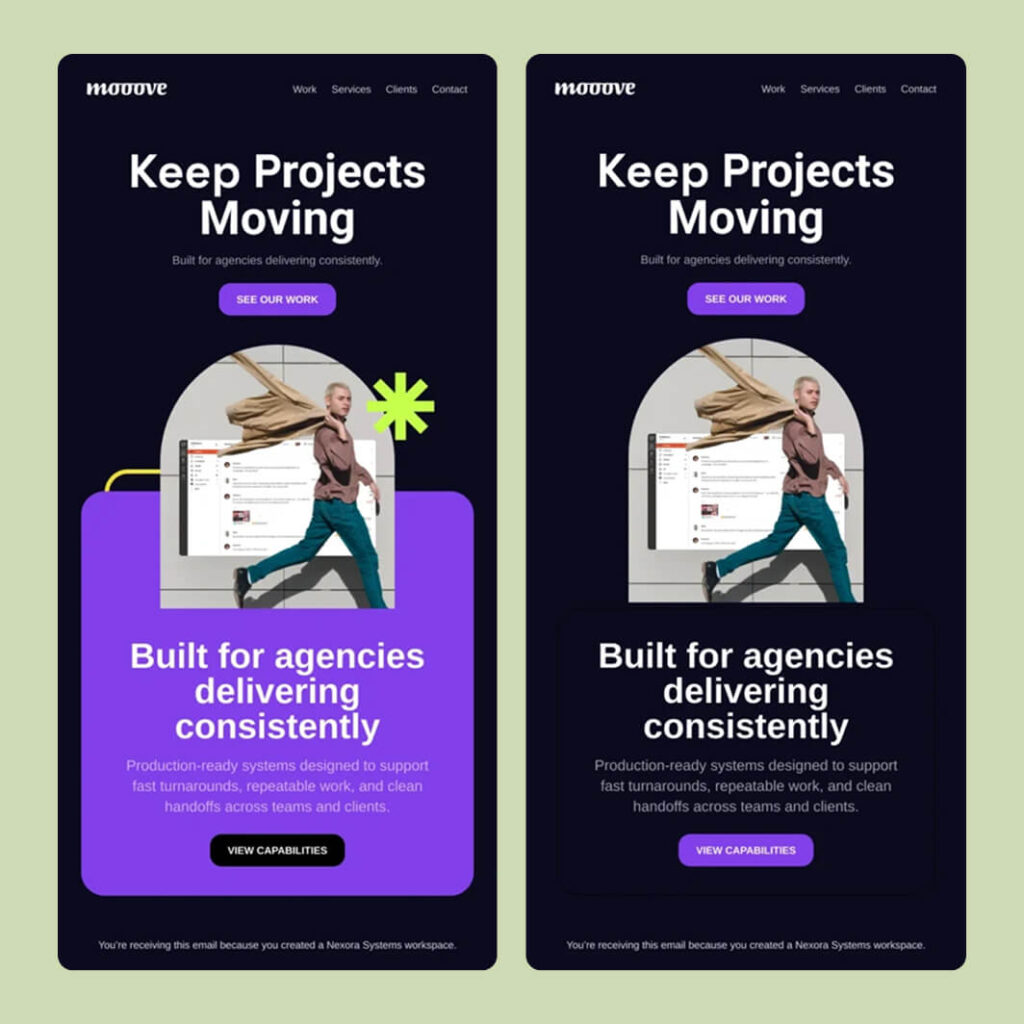 Email layout comparison showing simplified design with fewer elements to improve loading speed and readability