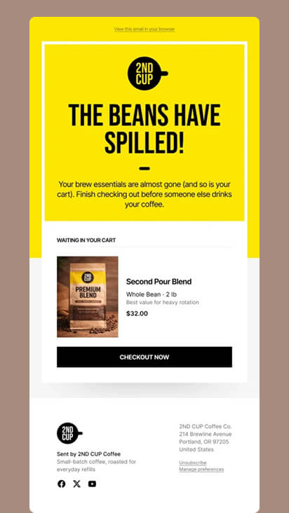 Abandoned cart email with clean layout and prominent CTA designed for quick mobile checkout