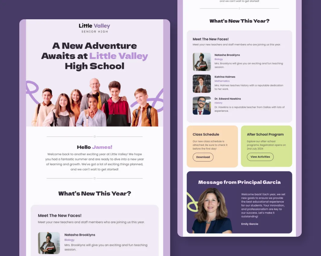 Little Valley School Mailchimp email template for back-to-school welcome campaigns