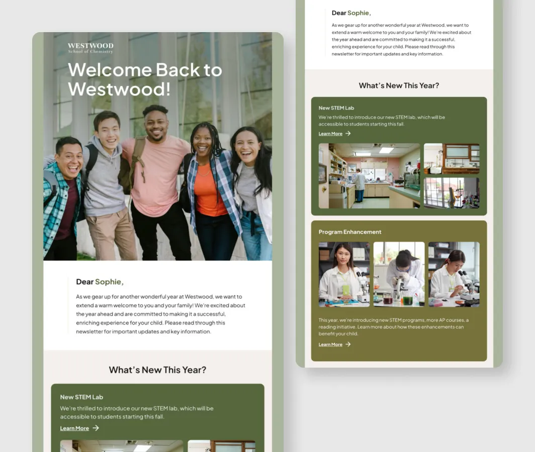 Westwood Welcome Back to School Mailchimp template for parent newsletters and academic updates