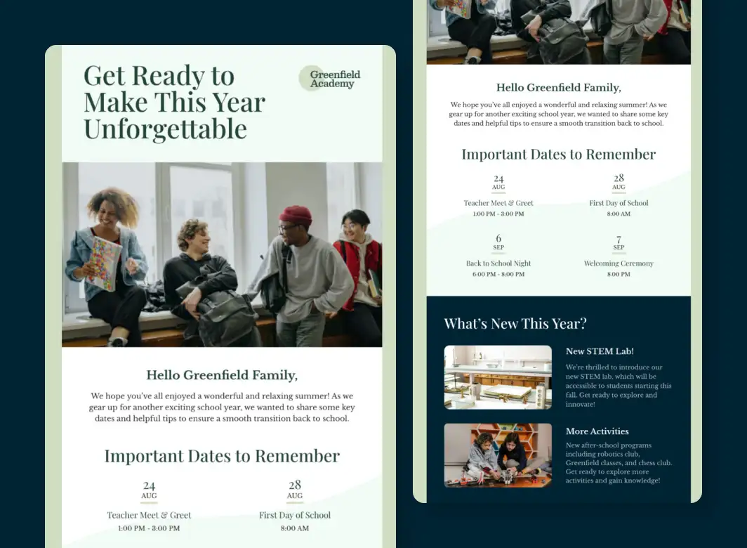 Greenfield Academy Mailchimp template for back-to-school announcements and important school dates
